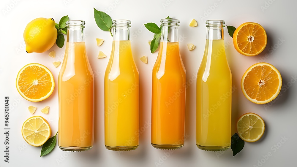 Top view of glass bottles of fresh juice with citrus fruits slices on white surface Top view of glass bottles of fresh juice with citrus fruits slices on white surface