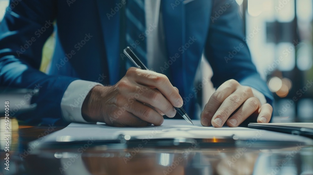Close up young businessman standing near table with pen in hands, ready signing profitable offer agreement after checking contract terms of conditions, executive manager involved in legal paperwork Close up young businessman standing near table with pen in hands, ready signing profitable offer agreement after checking contract terms of conditions, executive manager involved in legal paperwork