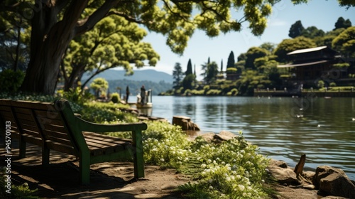 Beautiful green park near the lake with a bench