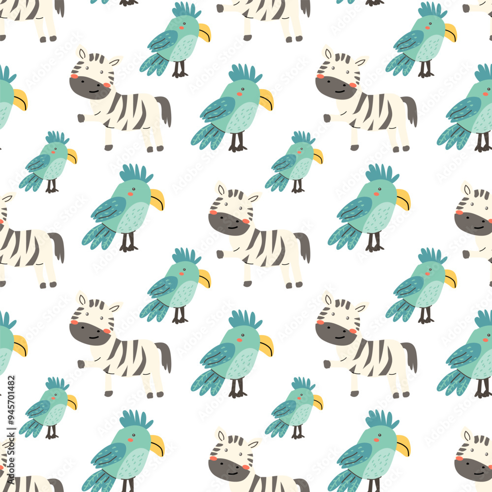 Obraz premium Childrens fashion pattern with baby animals. Cute safari african animals with plant - print. Childish seamless pattern for nursery design, kids textile, boys and girls fabric apparel.