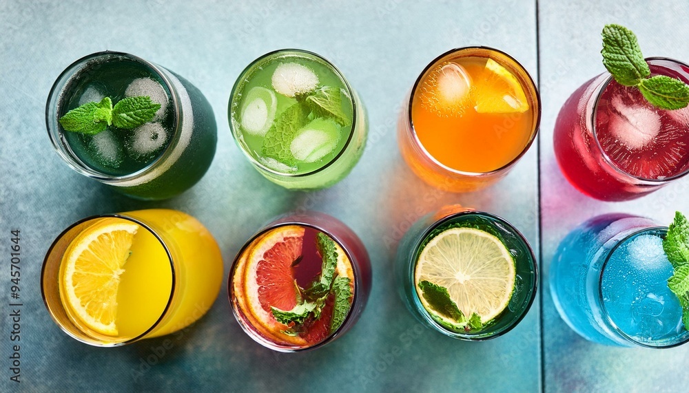 Collection top view of glasses with Summer Soda colorful drinks menu Collection top view of glasses with Summer Soda colorful drinks menu