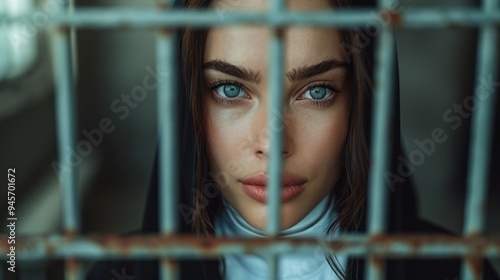 A young, beautiful nun in a cassock looking through the iron bars of a dungeon, with a serene expression on her face and emphasizing her holy and elegant appearance. photo