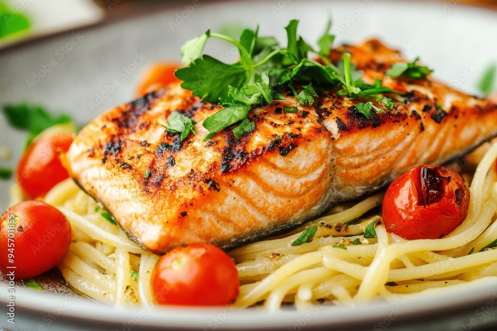 A delicious serving of grilled salmon placed on a bed of al dente pasta, garnished with fresh herbs and cherry tomatoes A delicious serving of grilled salmon placed on a bed of al dente pasta, garnished with fresh herbs and cherry tomatoes