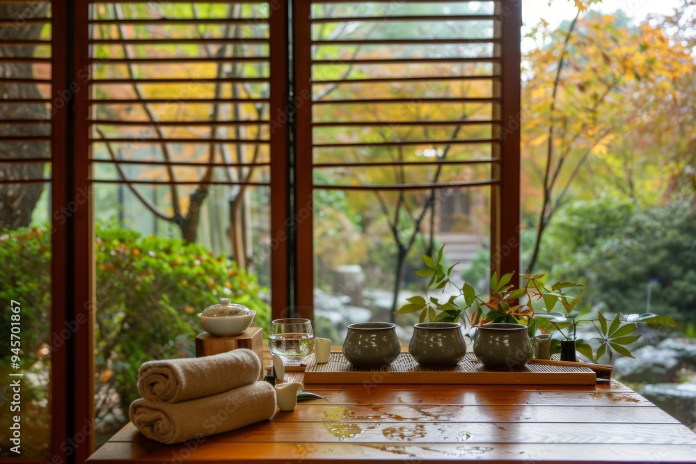 A tranquil tea setup on a wooden table overlooking a colorful garden in autumn with lush greenery and soft light filtering through the window A tranquil tea setup on a wooden table overlooking a colorful garden in autumn with lush greenery and soft light filtering through the window