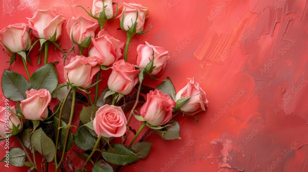 Pink Roses on Copy Space Red Background. Pink Roses on Copy Space Red Background.
