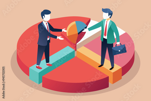 Shareholder or stakeholders, sharing benefit or merger and acquisition, partnership or collaboration, marketshare or agreement concept, businessman handshaking on pie chart to share profit together.
