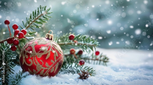 Red Christmas Ornament in Snow.