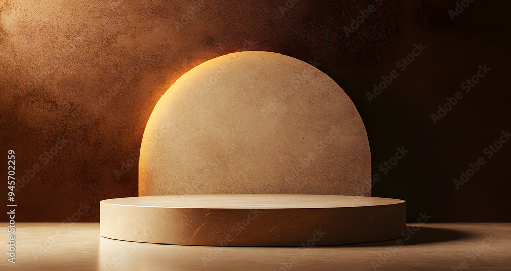Photo of a Round Podium with Warm Lighting on an Empty Stage, Creating an Inviting and Professional Atmosphere, Ideal for Representing Themes of Public Speaking, Award Ceremonies, and Presentations in Photo of a Round Podium with Warm Lighting on an Empty Stage, Creating an Inviting and Professional Atmosphere, Ideal for Representing Themes of Public Speaking, Award Ceremonies, and Presentations in
