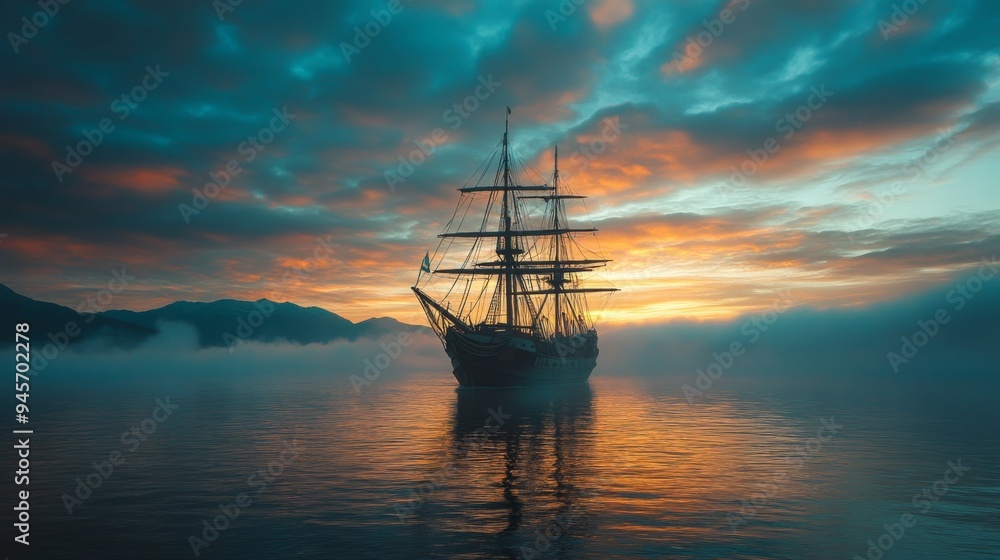 Mystic Ship at Sunset on Calm Water Mystic Ship at Sunset on Calm Water