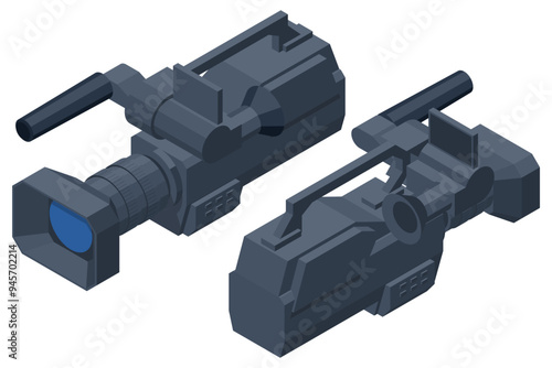 Isometric Professional digital video camera. The video camera with the microphone isolated on white, Concept of technology, modern, entertainment.