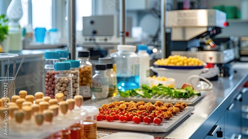 Close-up of a food scientist's desk with food samples and lab equipment, representing a job in food science