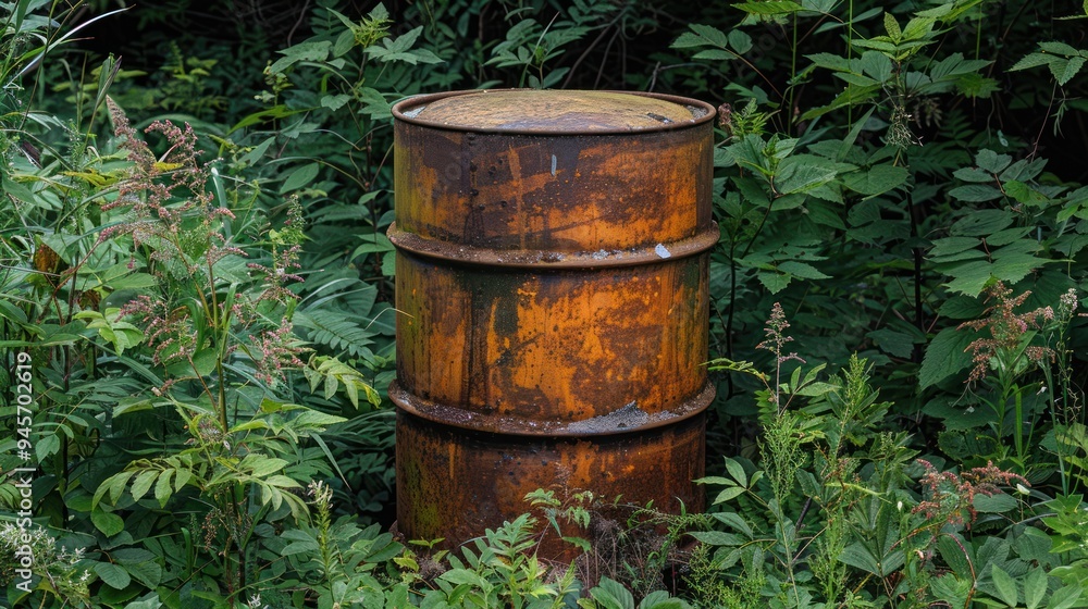 A rusty, rough, flat-topped metal barrel placed in a forest clearing, reflecting a mix of industrial pollution and natural, rustic charm. A rusty, rough, flat-topped metal barrel placed in a forest clearing, reflecting a mix of industrial pollution and natural, rustic charm.