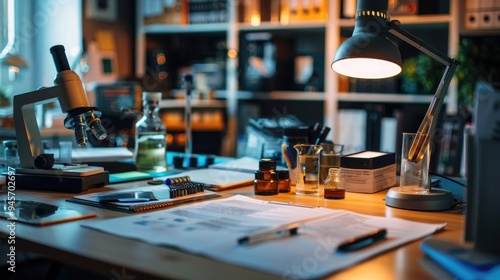 Wallpaper Mural Close-up of a forensic scientist's desk with forensic evidence and lab equipment, symbolizing a job in forensic science Torontodigital.ca