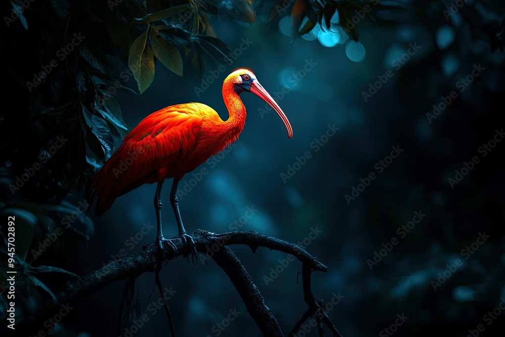 Fototapeta premium beautiful glowing scarlet ibis standing on a tree branch with light isolated on dark background 