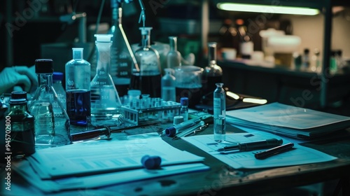 Close-up of a forensic scientist's desk with forensic evidence and lab equipment, symbolizing a job in forensic science