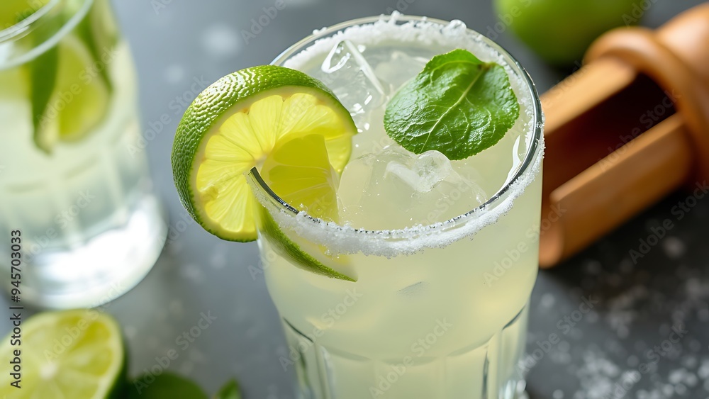 Close up view of margarita cocktails with lime pieces and wooden squeezer on grey surface on white Close up view of margarita cocktails with lime pieces and wooden squeezer on grey surface on white