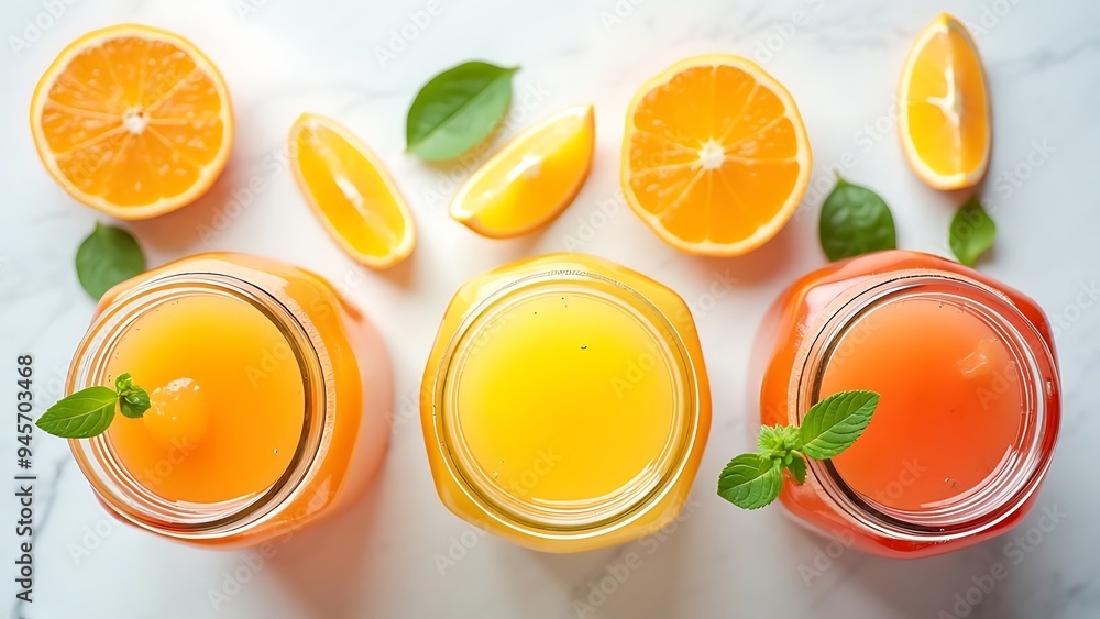 Top view of glass bottles of fresh juice with citrus fruits slices on white surface Top view of glass bottles of fresh juice with citrus fruits slices on white surface
