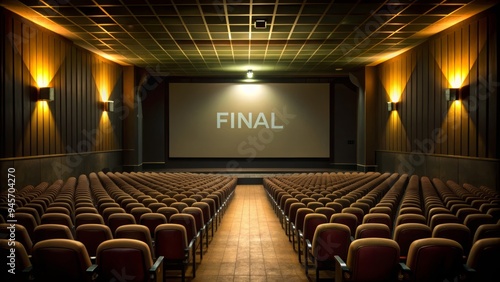 A dimly lit cinema theater empty of spectators, with the final credits rolling on the screen, signaling the conclusion of the feature film presentation. photo