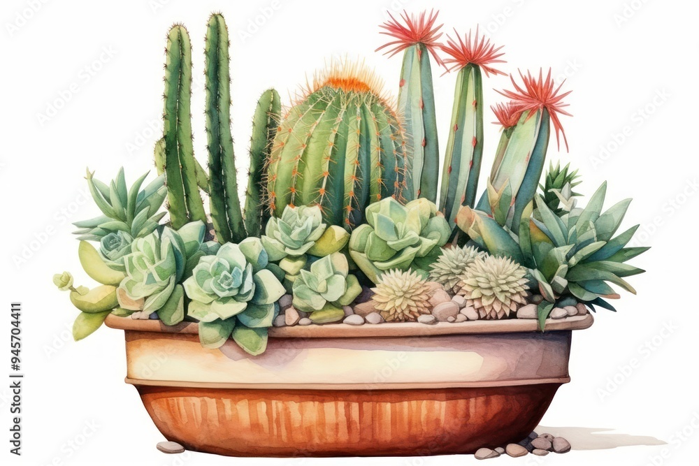 A cute cactus pot is placed amidst desert plants white background houseplant freshness. A cute cactus pot is placed amidst desert plants white background houseplant freshness.
