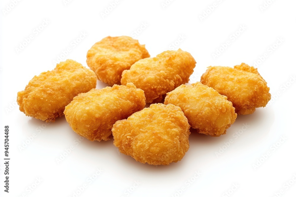 A pile of golden, crispy chicken nuggets on a white background. A pile of golden, crispy chicken nuggets on a white background.