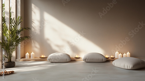 Minimal meditation space neutral floor cushions dried pampas grass candles calm serene interior peaceful wellness retreat zen relaxation space tranquil atmosphere banner background mockup blank wall photo