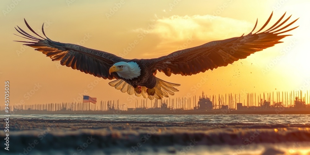 Obraz premium Majestic Bald Eagle Soaring at Sunset: A Stunning Display of Natural Beauty and Freedom