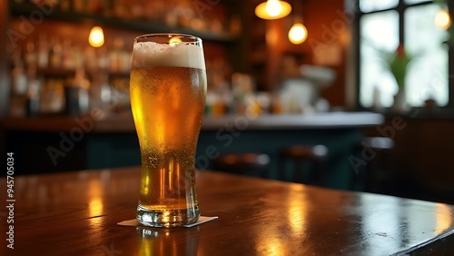 Glass of light beer on a dark pub.
