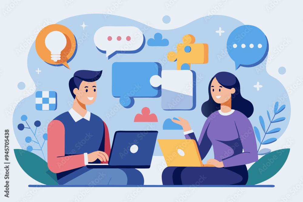 Conversation or communication for success, meeting discussion to get answer or solution, working together, partnership or collaboration concept, business people talk with speech bubble jigsaw connect. Conversation or communication for success, meeting discussion to get answer or solution, working together, partnership or collaboration concept, business people talk with speech bubble jigsaw connect.