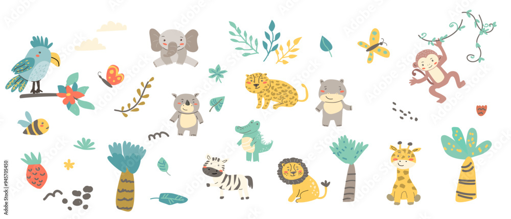 Obraz premium Cute baby animals safari set. Vector illustration. Children's african animals - lion, monkey, crocodile, rhino, elephant, zebra, leopard, giraffe for nursery design, baby showers cards, banners, texti
