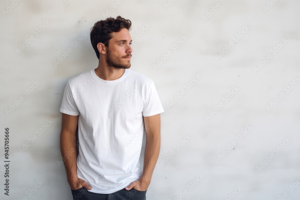 A happy man wearing white t shirt t-shirt sleeve adult. A happy man wearing white t shirt t-shirt sleeve adult.