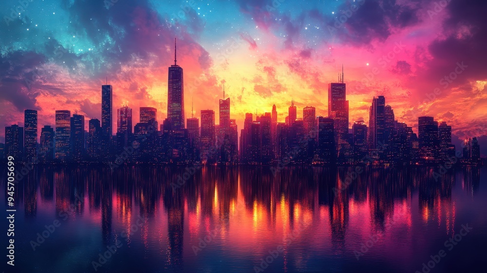 Fototapeta premium Dynamic Cityscape: Vibrant Skyscrapers Aglow in Twilight against Colorful Horizon