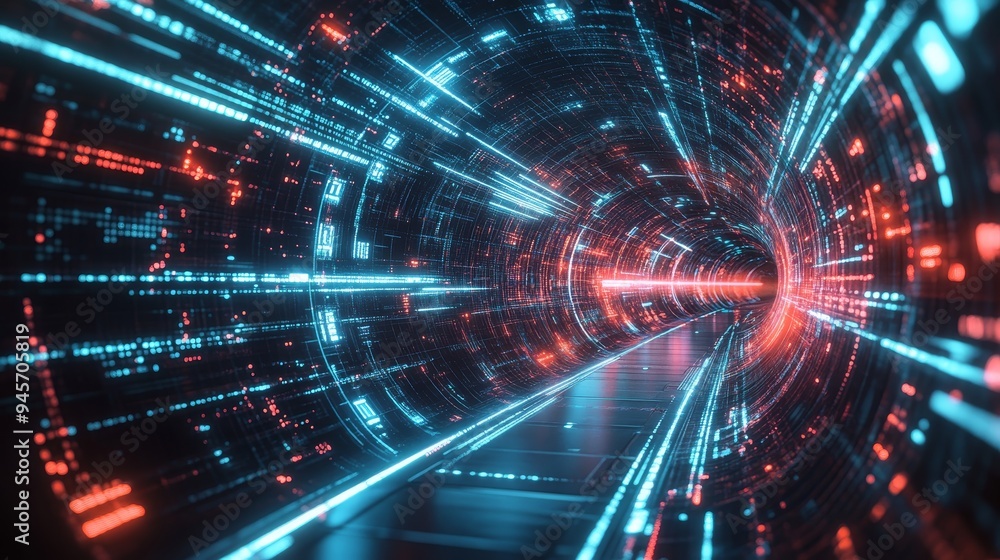 Fototapeta premium Abstract futuristic technology background with lines for network, big data, data center, server, internet, speed. Abstract neon lights into digital technology tunnel. 3D render.