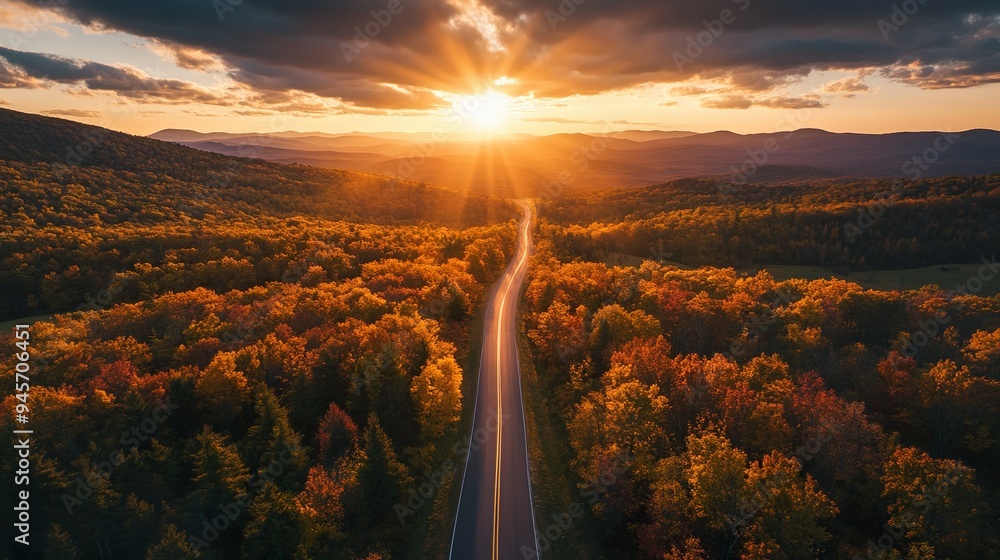 Serene aerial landscape of a road cutting through autumn-colored woods Serene aerial landscape of a road cutting through autumn-colored woods