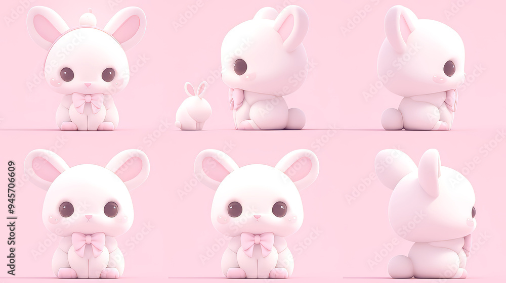 Set of cute pink bunny 3D illustration on pastel pink background. Set of cute pink bunny 3D illustration on pastel pink background.