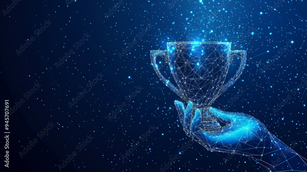 An abstract depiction of a champion's trophy being held aloft, rendered as a starry sky or cosmic scene. This illustration uses points, lines, and shapes to form the image of the cup and the hand,. An abstract depiction of a champion's trophy being held aloft, rendered as a starry sky or cosmic scene. This illustration uses points, lines, and shapes to form the image of the cup and the hand,.