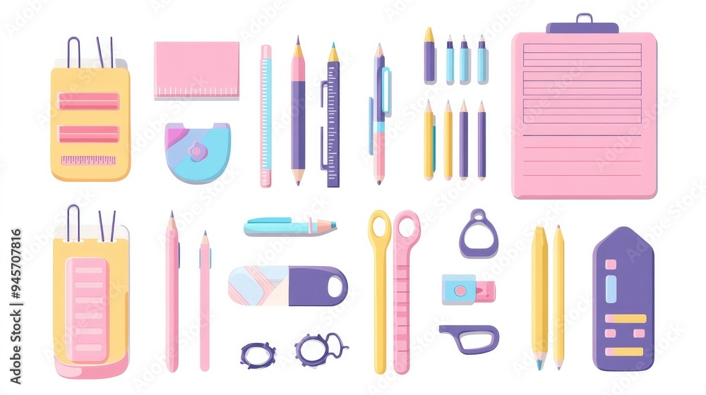 Cute and colorful stationery set in a flat design, showcasing a variety of items like a notebook, pen, pencil, ruler, paper clip, sticky notes, push pin, highlighter, glue, eraser, and scissors. Cute and colorful stationery set in a flat design, showcasing a variety of items like a notebook, pen, pencil, ruler, paper clip, sticky notes, push pin, highlighter, glue, eraser, and scissors.