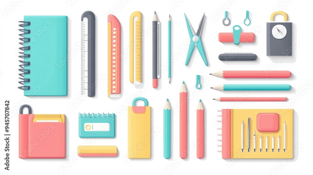 Cute and colorful stationery set in a flat design, showcasing a variety of items like a notebook, pen, pencil, ruler, paper clip, sticky notes, push pin, highlighter, glue, eraser, and scissors. Cute and colorful stationery set in a flat design, showcasing a variety of items like a notebook, pen, pencil, ruler, paper clip, sticky notes, push pin, highlighter, glue, eraser, and scissors.