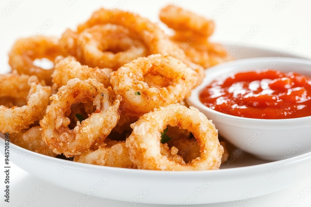 A plate of crispy fried calamari served with a side of dipping sauce. A plate of crispy fried calamari served with a side of dipping sauce.