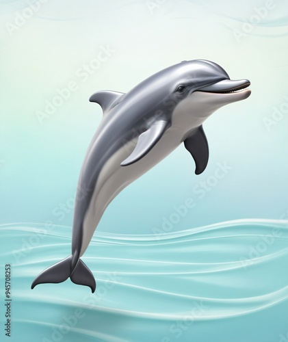 A minimalist portrait of a playful dolphin jumping against a pastel aqua background., Generative AI
