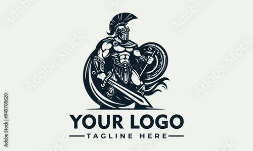 Spartan warrior with spear, shield, and helmet vector logo Spartan warrior in classic battle gear. Ideal for history books, educational materials, posters, and historicalthemed designs photo