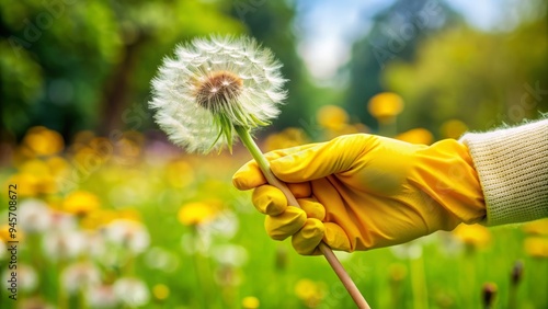 A gardener's gloved hand grasping a pesky dandelion, its yellow bloom and feathery seeds contrasted against a lush green lawn and blurred garden backdrop. photo