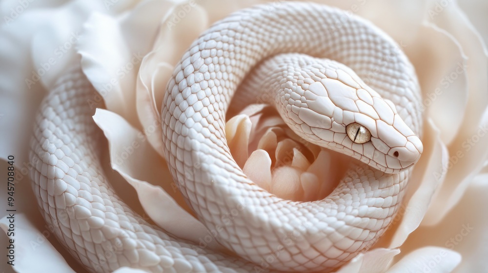 Fototapeta premium Elegant white snake coiled around a rose, creating a stunning visual contrast. The intricate details highlight the beauty of both the snake and the flower.