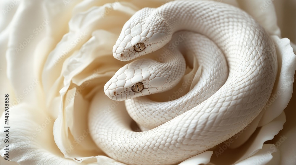 Fototapeta premium Elegant white snake coiled around a rose, creating a stunning visual contrast. The intricate details highlight the beauty of both the snake and the flower.