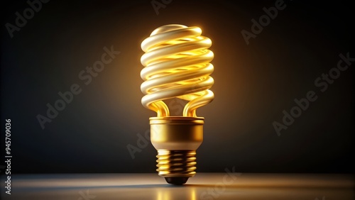 A gleaming, spiral-shaped energy-efficient light bulb glows brightly against a dark background, casting a warm, yellowish-white hue, symbolizing innovation and eco-friendliness. photo