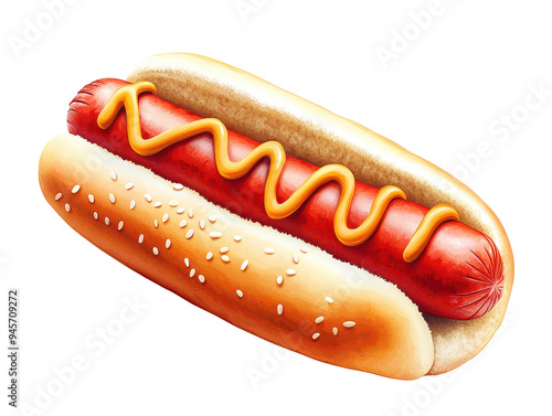 A delicious hot dog served in a soft bun, topped with mustard, perfect for summer picnics and backyard barbecues.