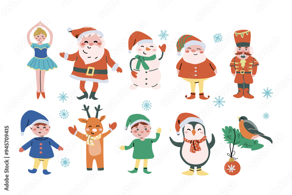 Cute xmas santa, deer, snowman, penguin and other fairy characters set. Traditional New Year stickers persons and animals collection Cute xmas santa, deer, snowman, penguin and other fairy characters set. Traditional New Year stickers persons and animals collection