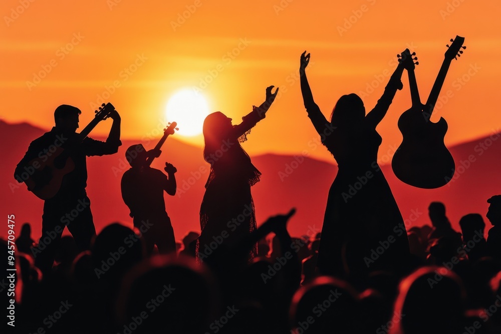 Hispanic Music Festival: A concert scene with musicians on stage playing Latin instruments, with a crowd dancing and enjoying the performance. Hispanic Music Festival: A concert scene with musicians on stage playing Latin instruments, with a crowd dancing and enjoying the performance.