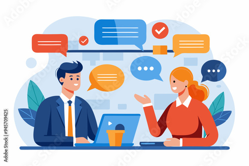 Conversation or communication for success, meeting discussion to get answer or solution, working together, partnership or collaboration concept, business people talk with speech bubble jigsaw connect.