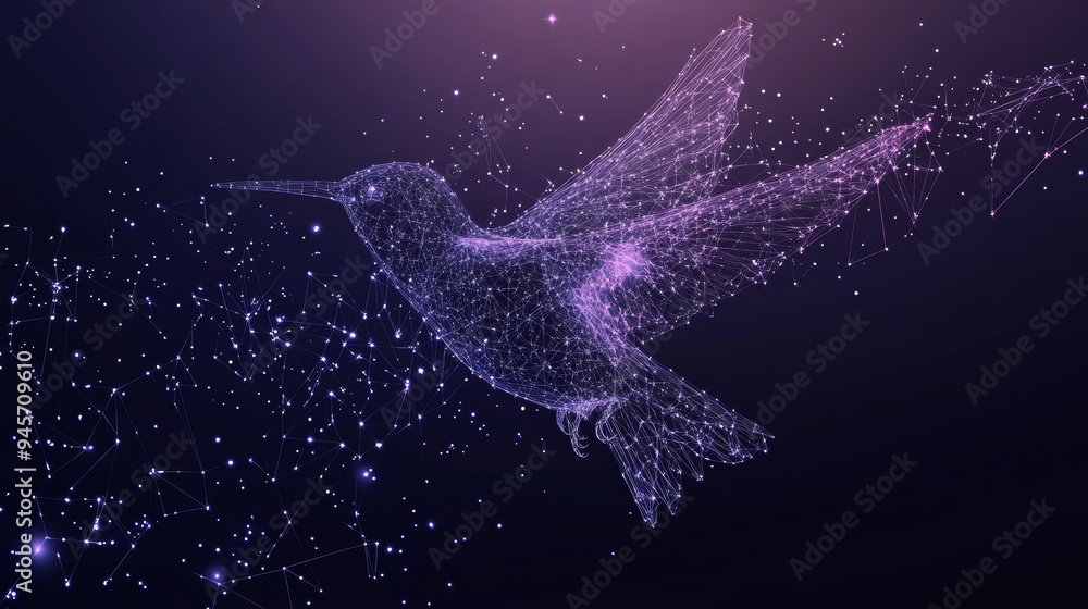 An abstract representation of a hummingbird (colibri) visualized as a starry sky or cosmic expanse. The image is crafted using points, lines, and shapes to evoke the appearance of planets, stars. An abstract representation of a hummingbird (colibri) visualized as a starry sky or cosmic expanse. The image is crafted using points, lines, and shapes to evoke the appearance of planets, stars.