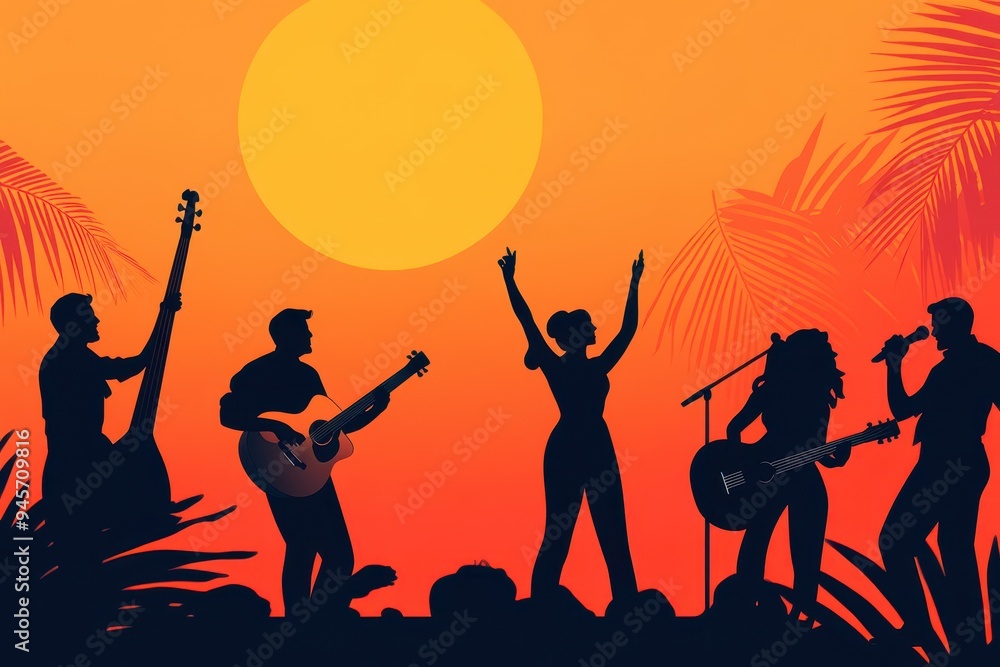 Hispanic Music Festival: A concert scene with musicians on stage playing Latin instruments, with a crowd dancing and enjoying the performance. Hispanic Music Festival: A concert scene with musicians on stage playing Latin instruments, with a crowd dancing and enjoying the performance.